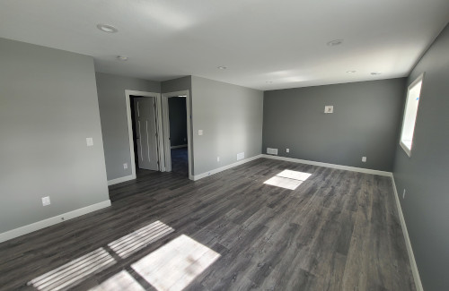 Remodeled basement with gray walls and luxury vinyl plank flooring