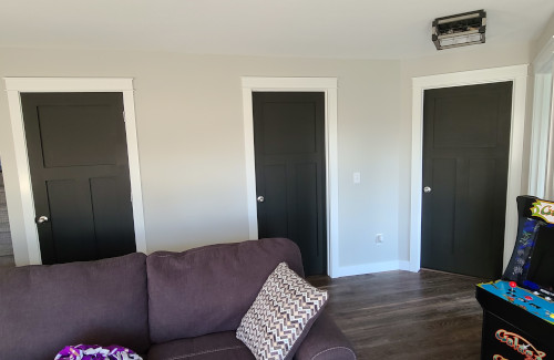 Finished basement living area with custom black interior doors