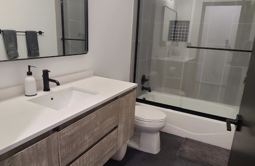 Modern bathroom remodel with wood vanity and glass shower doors